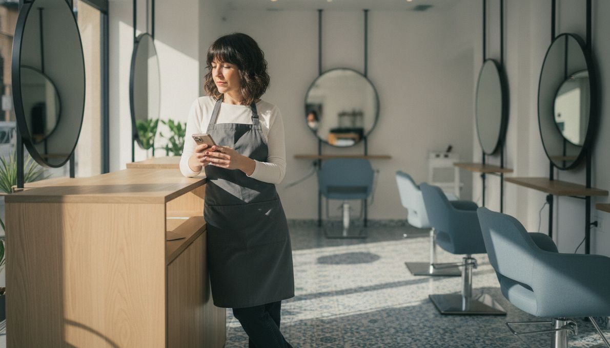 Peluquera consultando la agenda de citas del día en el móvil dentro de su salón
