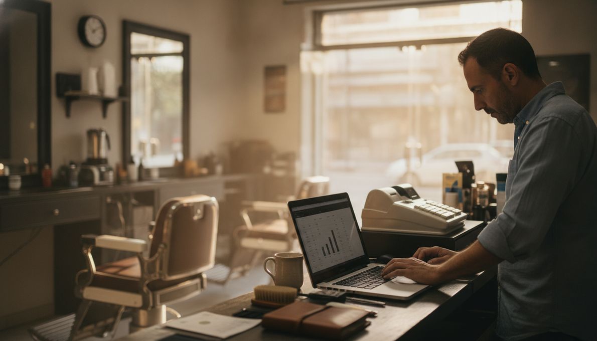 Dueño de una barbería revisando números en una notebook sobre el mostrador del local