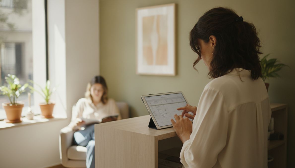 Recepcionista de un centro de estética revisando la agenda del día en una tablet