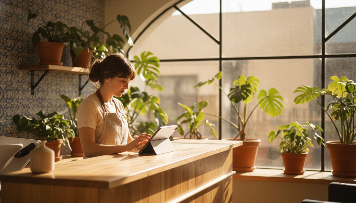 Estilista mexicana revisando las citas del día en una tablet dentro de su salón